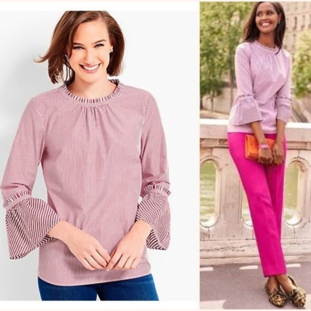 TALBOTS Mixed Striped Flounce Sleeve Ruffle Top